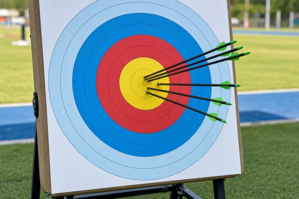 An archery target face on a stand at an outdoor range, with several green-fletched arrows grouped near the gold centre, in an AI-generated representative scene.