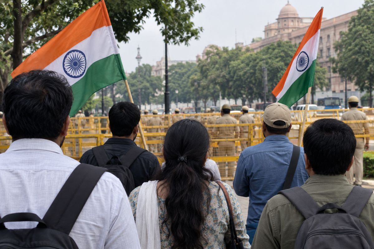 AI-generated representational image of anonymous adults carrying Indian flags near barricades; not Neha Bora or a photograph of a specific CJP protest.