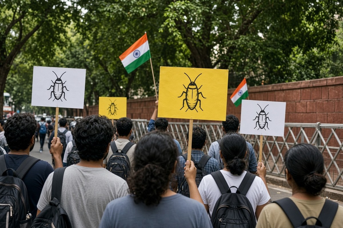 Young protesters seen from behind on a tree-lined Delhi street hold up yellow and white placards showing a black cockroach symbol, with small Indian flags, in an AI-generated representative scene.