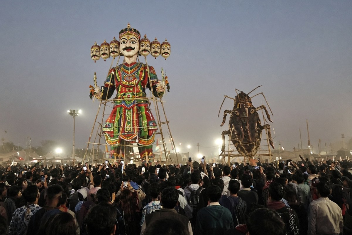 AI-generated illustration of a crowded Ramlila ground at dusk with a tall Ravan effigy and a giant cockroach effigy; not a photograph of the Pitampura event.