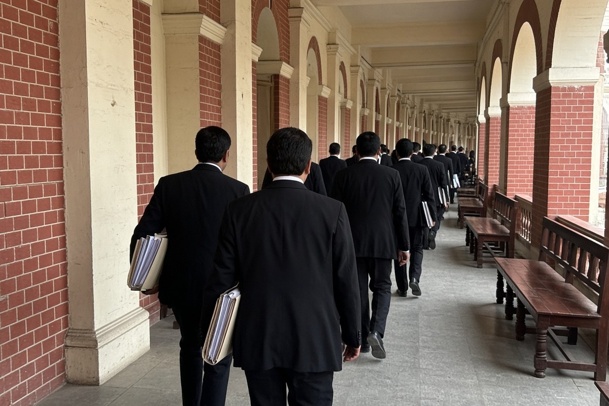 Advocates in black coats seen from behind walking along a colonnaded court corridor with case files, in an AI-generated representative scene.