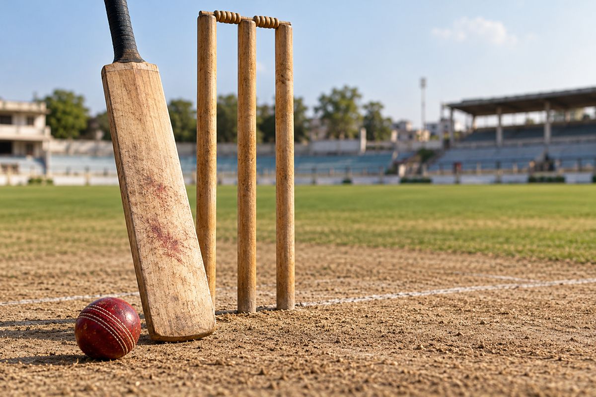 AI-generated illustration of a cricket bat, stumps and red ball on an empty ground; not a photograph of Sutar’s innings.