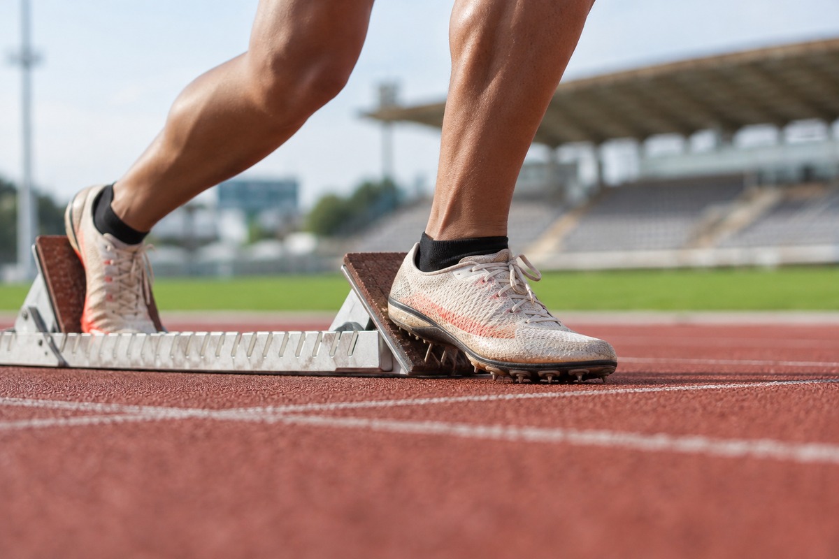 AI-generated close-up of anonymous running spikes at starting blocks; not Deepthi Jeevanji or an actual race.