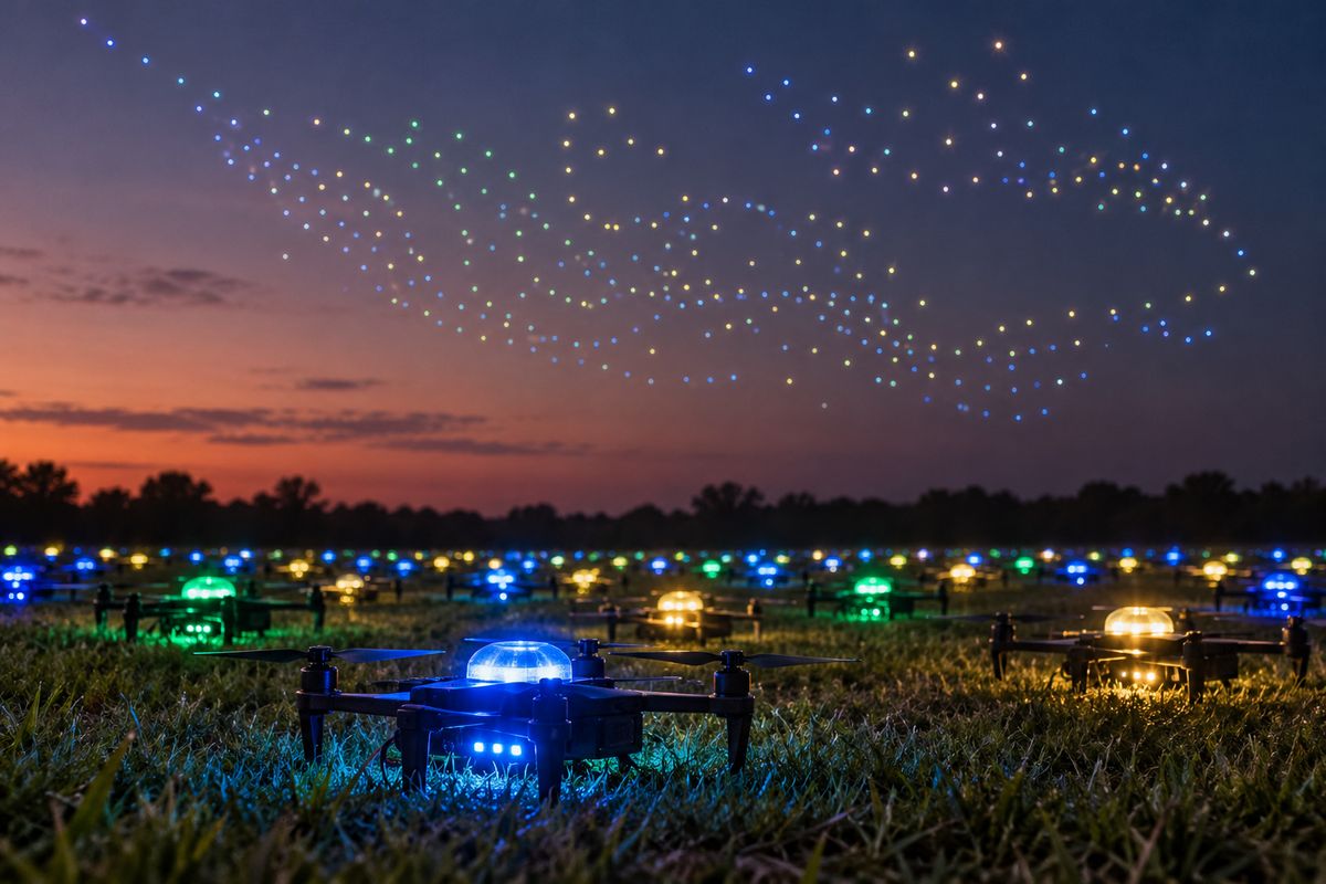 AI-generated illustration of generic LED-equipped drones on grass and abstract lights at dusk; not a photograph of the record-setting Mysuru peacock display.