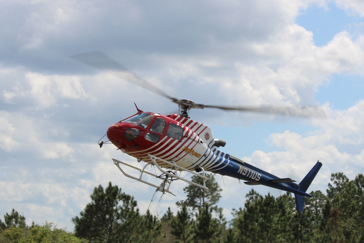 A red, white and blue single-engine helicopter flying low above a line of pine trees under a cloudy sky.