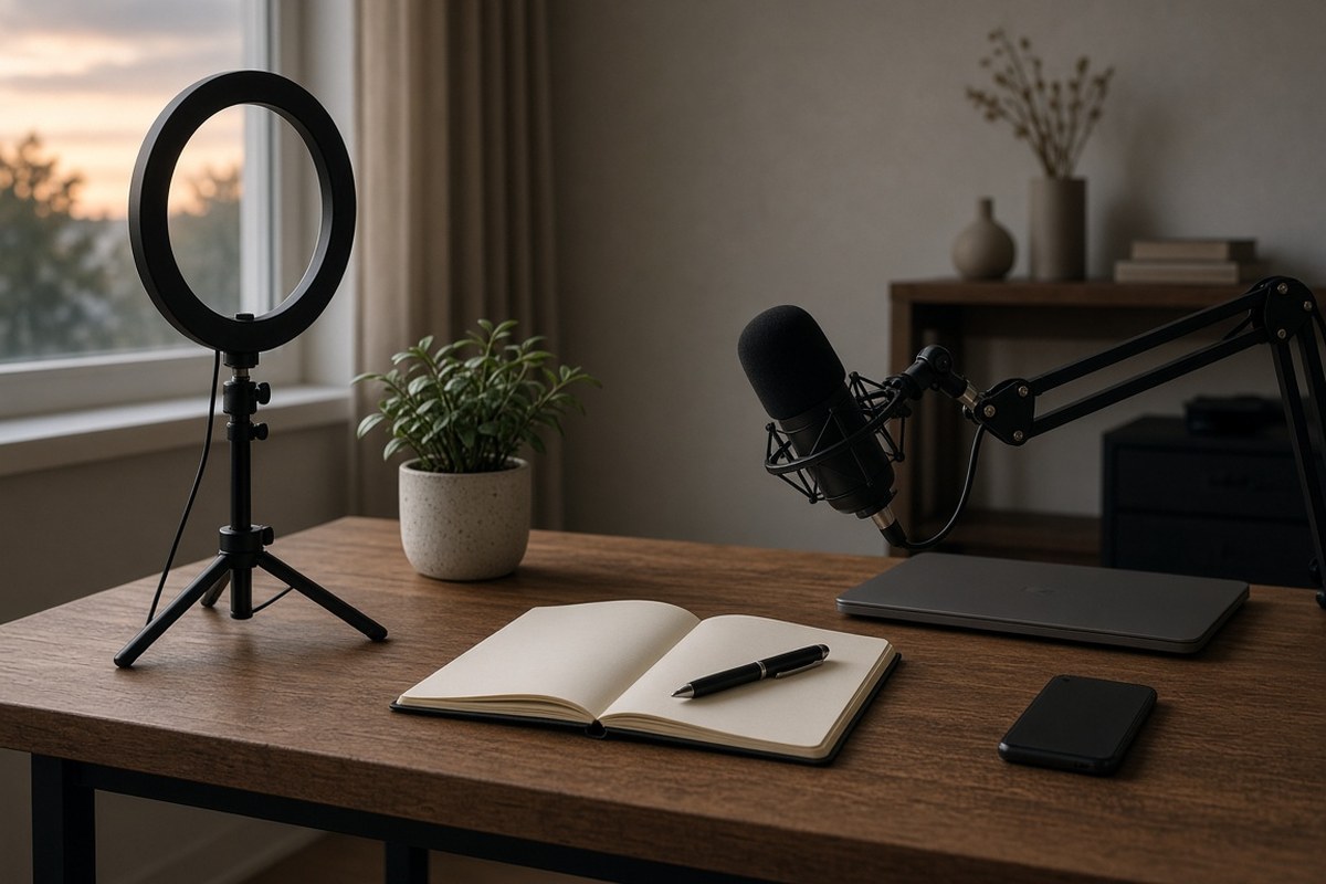 An empty creator’s desk at dusk with a switched-off ring light, a microphone on a boom arm, an open notebook, a closed laptop and a phone lying face down, in an AI-generated representative scene.