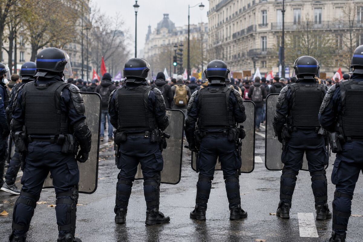 AI-generated representational image of riot police seen from behind on a French-style city street; not a photograph of the reported event