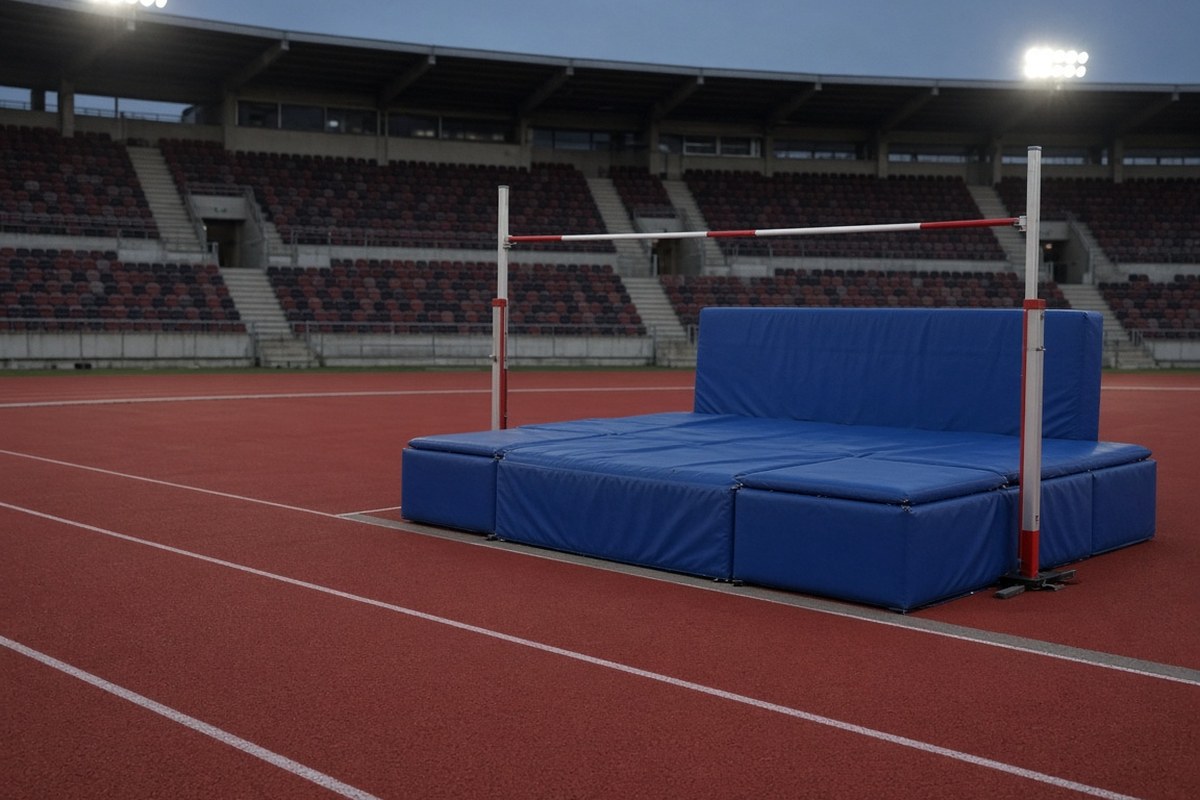 A high jump crossbar on two uprights above a blue landing mat on a red track in an empty floodlit stadium at dusk, in an AI-generated representative scene.