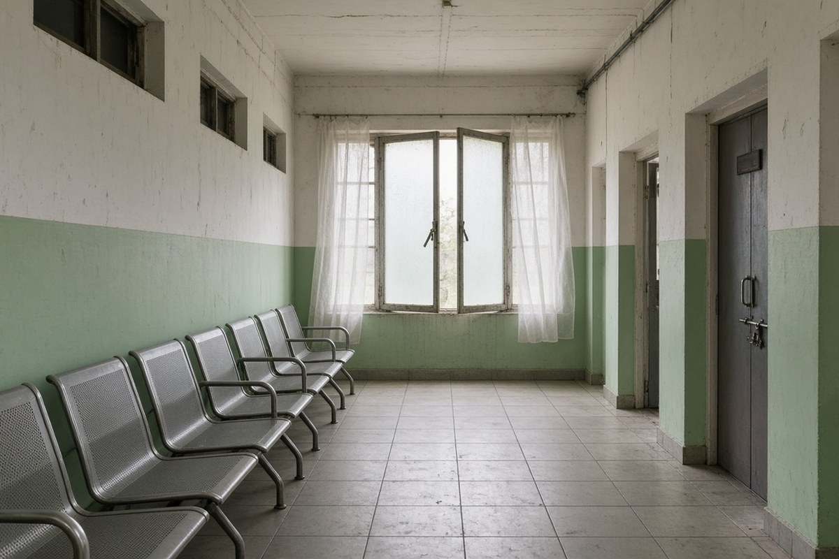 An empty hospital corridor with green-and-white walls, a row of metal benches and an open window with white curtains at the far end, in an AI-generated representative scene.
