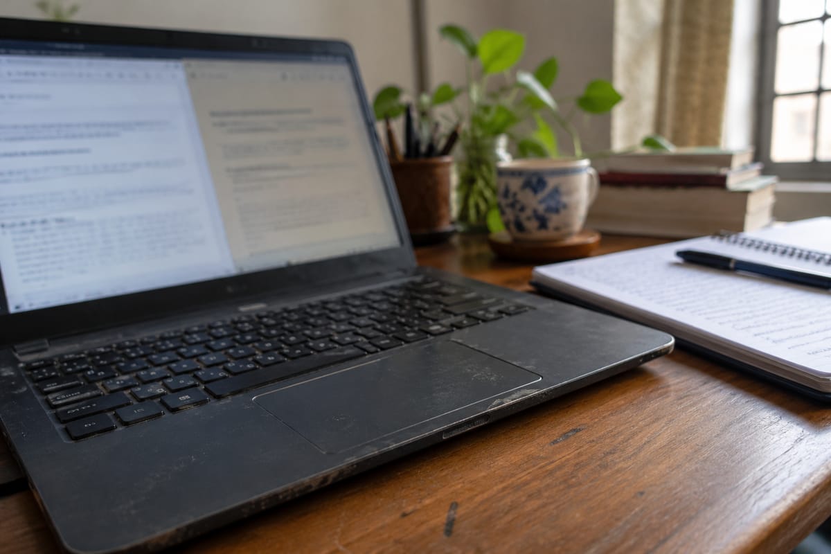 AI-generated illustration of a laptop displaying blurred document text on a work desk.