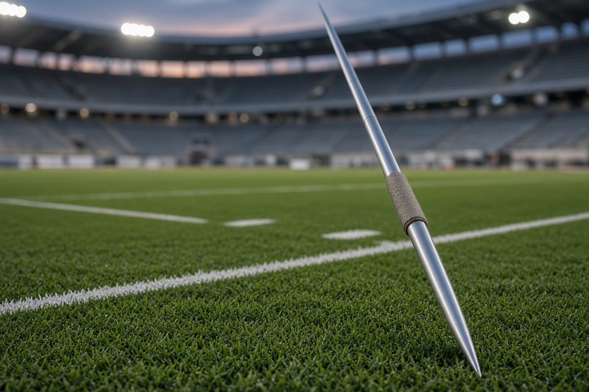 A metal javelin with a cord grip stuck at an angle in the grass of a throwing sector, with floodlit, empty stadium stands blurred in the background, in an AI-generated representative scene.