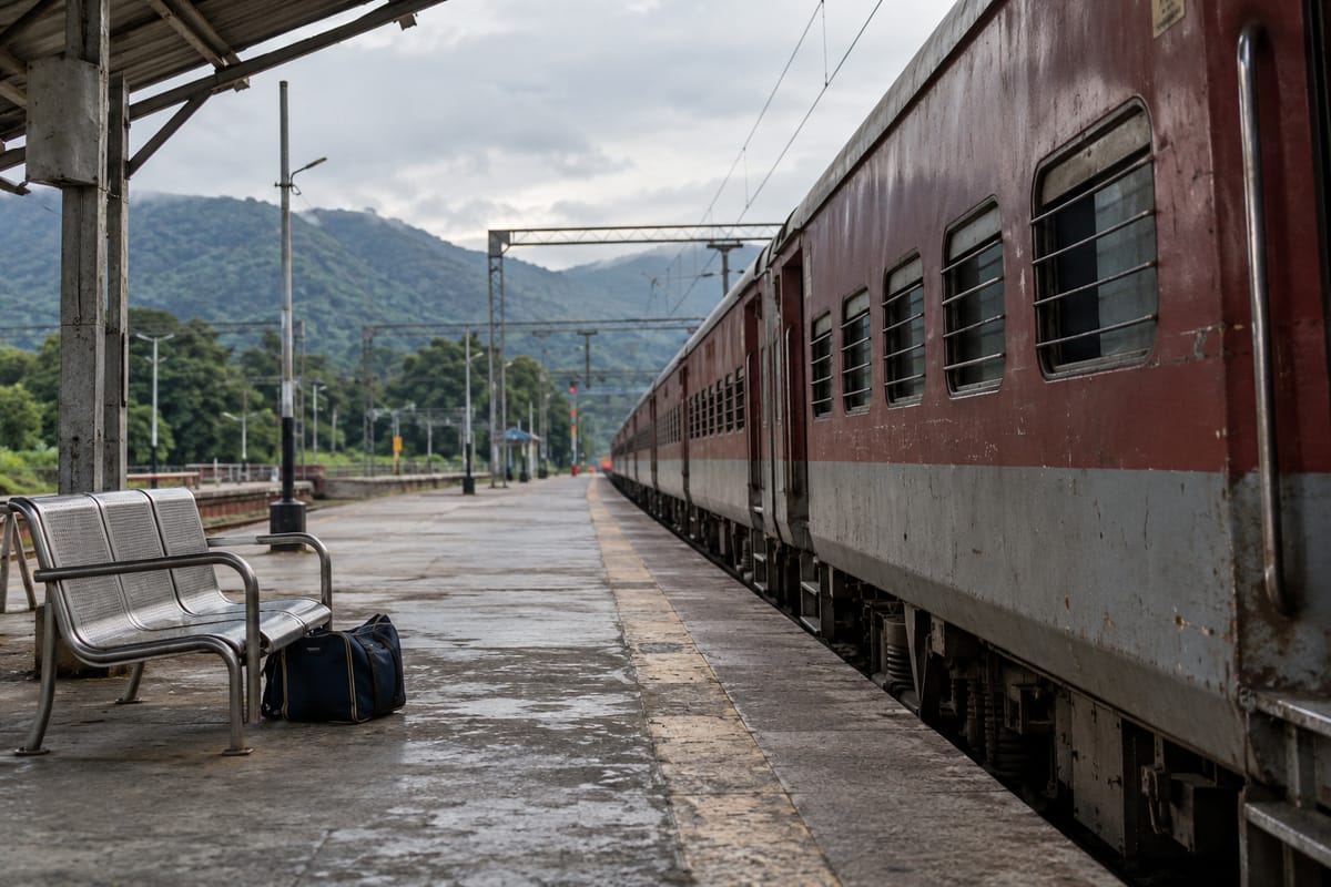 Representational AI illustration of an Indian passenger train beside an empty platform and foothills; not the inaugural service.