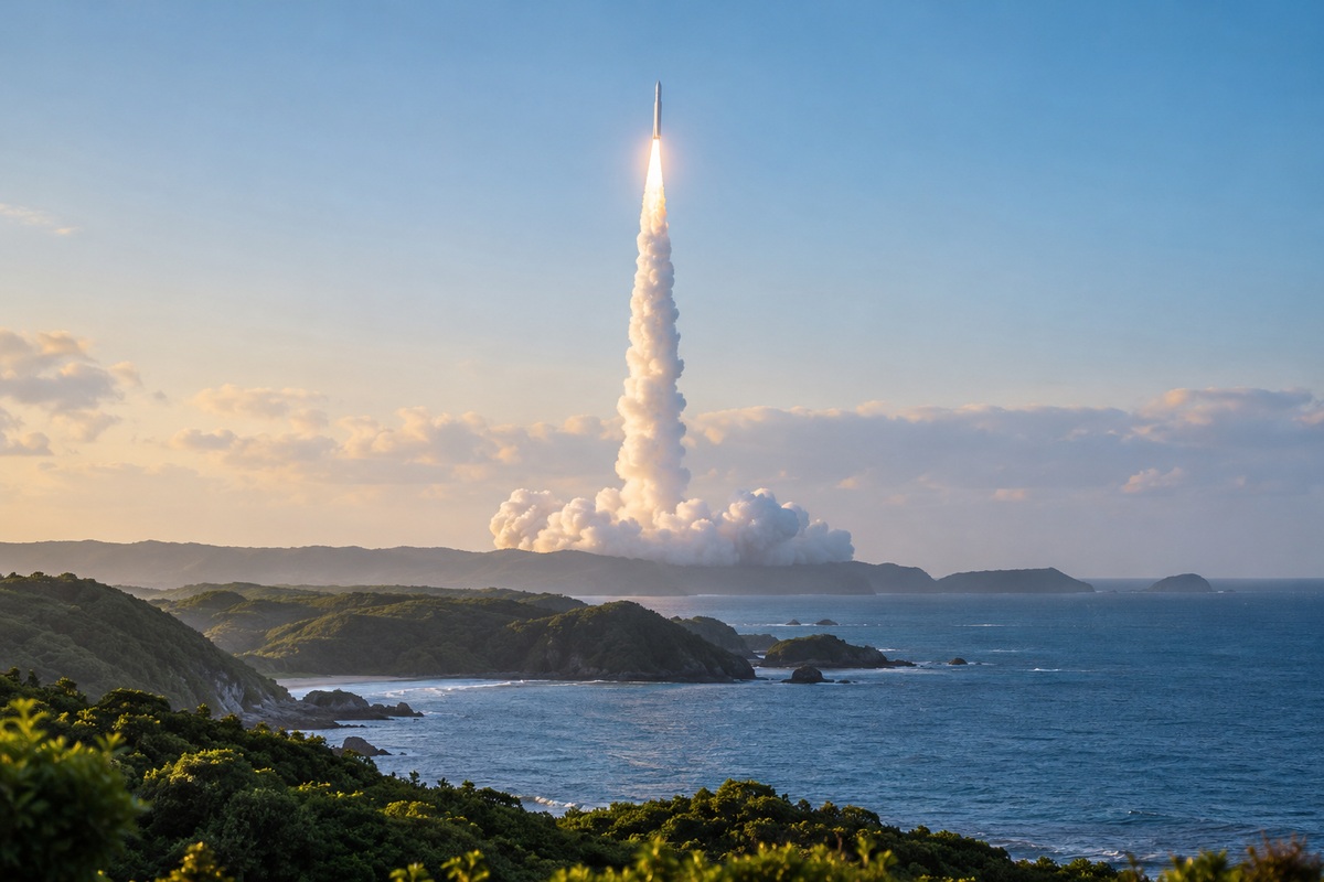 AI-generated representative rocket ascending over a coastal landscape with an exhaust plume against a blue sky.