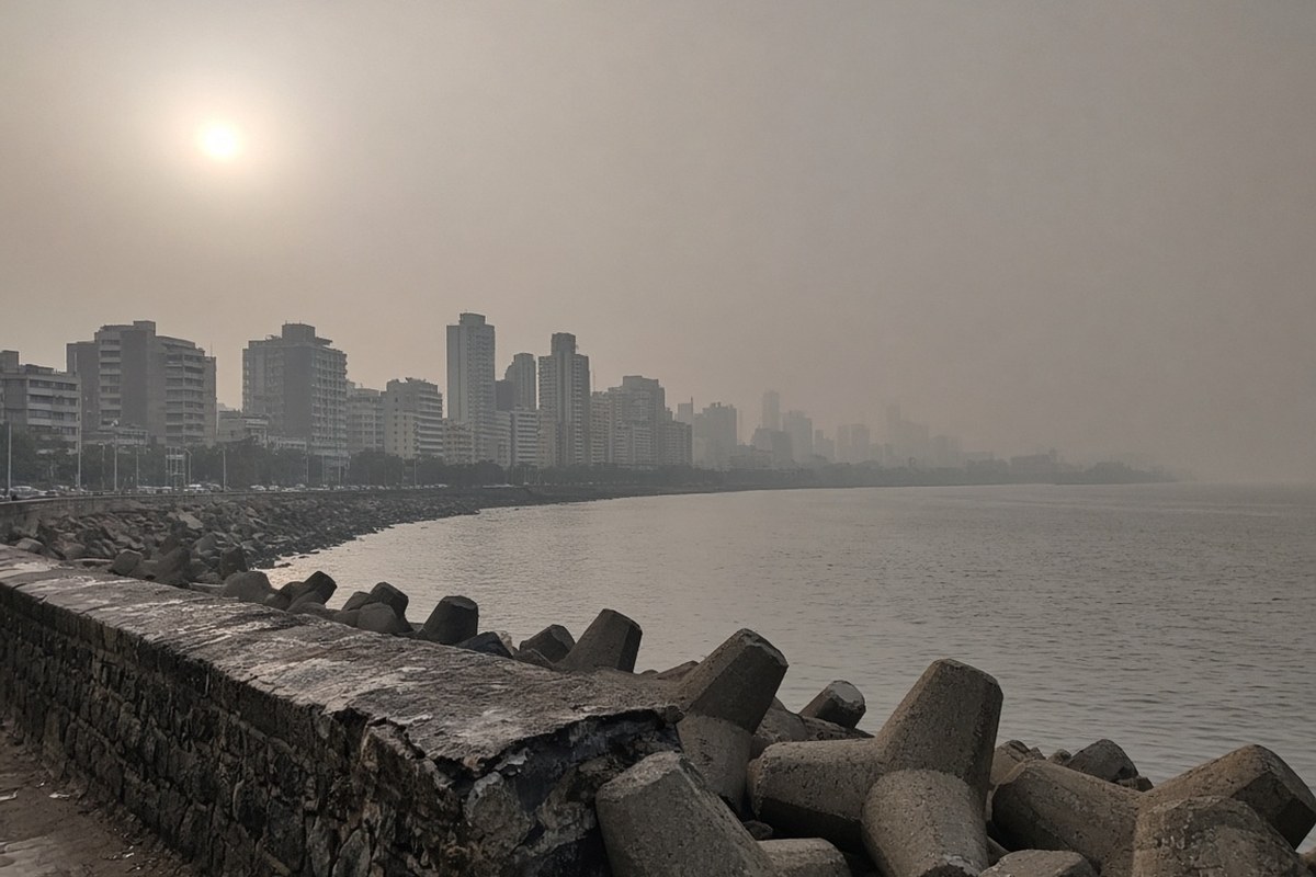 A seafront promenade with concrete tetrapods and a curving line of buildings fading into thick grey smog over the sea, in an AI-generated representative scene.