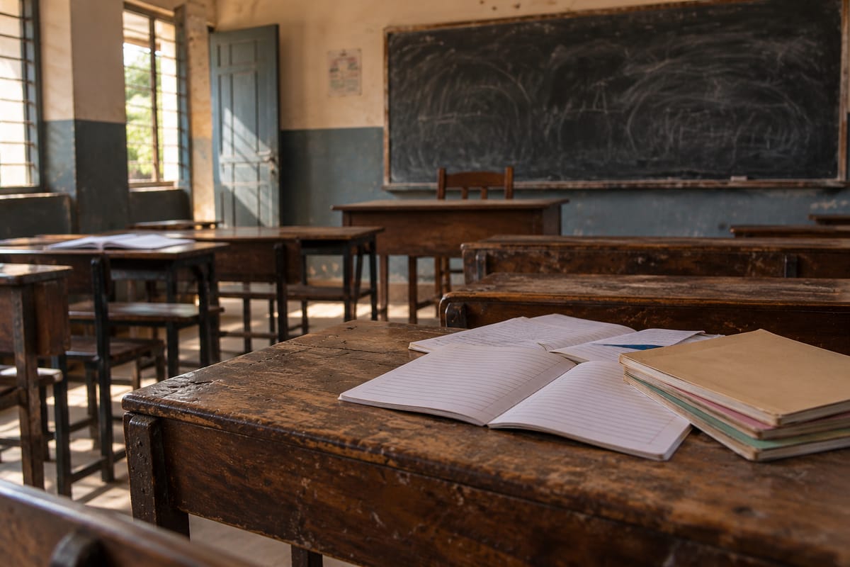 AI-generated illustration of notebooks on desks in an empty classroom.