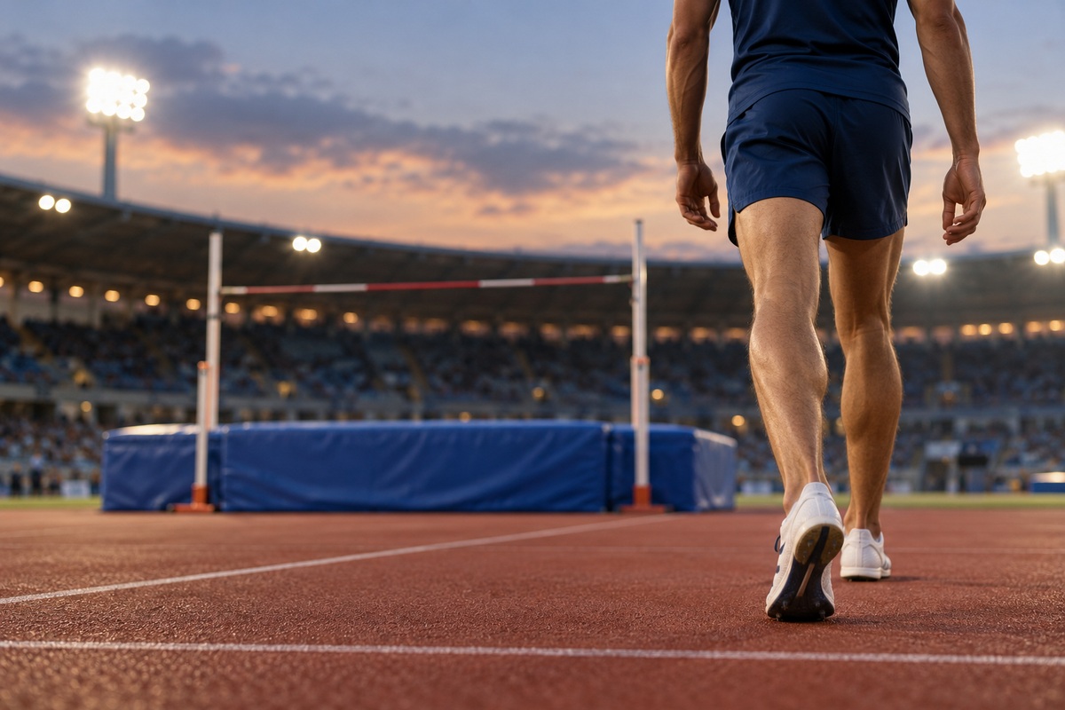Anonymous athlete viewed from behind near a high-jump bar and landing mat, in an AI-generated representative stadium scene.