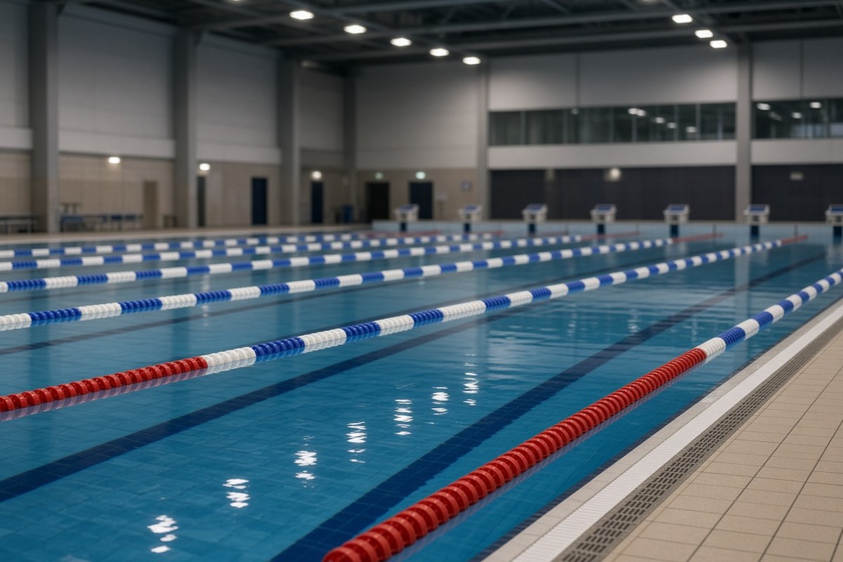 An empty indoor competition swimming pool with red, white and blue lane ropes stretching towards the starting blocks, in an AI-generated representative scene.