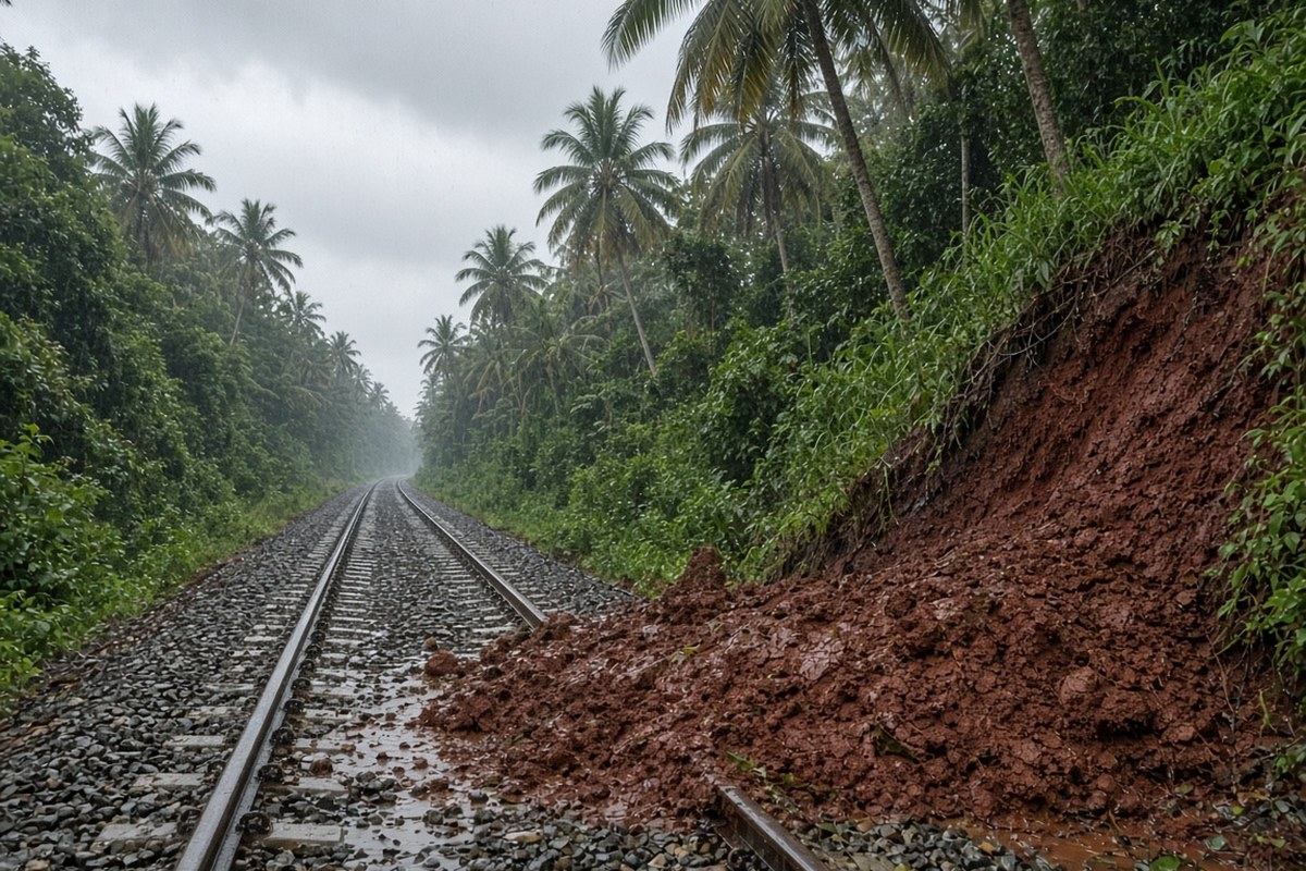 Wet red earth that has slid down a palm-lined embankment onto a railway track in heavy rain, in an AI-generated representative scene.