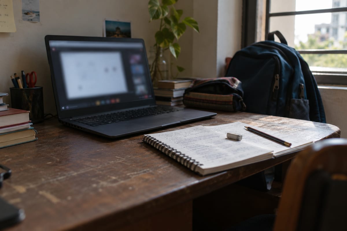AI-generated illustration of a laptop and notebook on a student’s study desk.