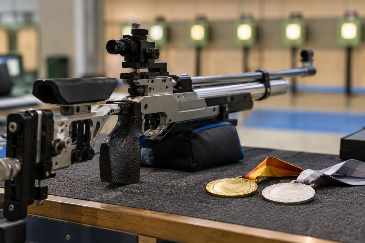 AI-generated illustration of an air rifle and gold and silver medals at an indoor range; not a photograph of the event.