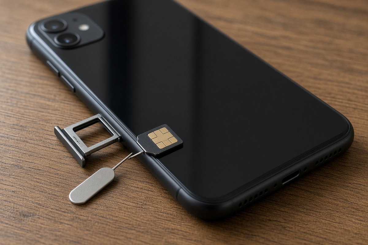 A dark smartphone lying on a wooden table with its SIM tray pulled out, a nano SIM card and an ejector pin beside it, in an AI-generated representative image.
