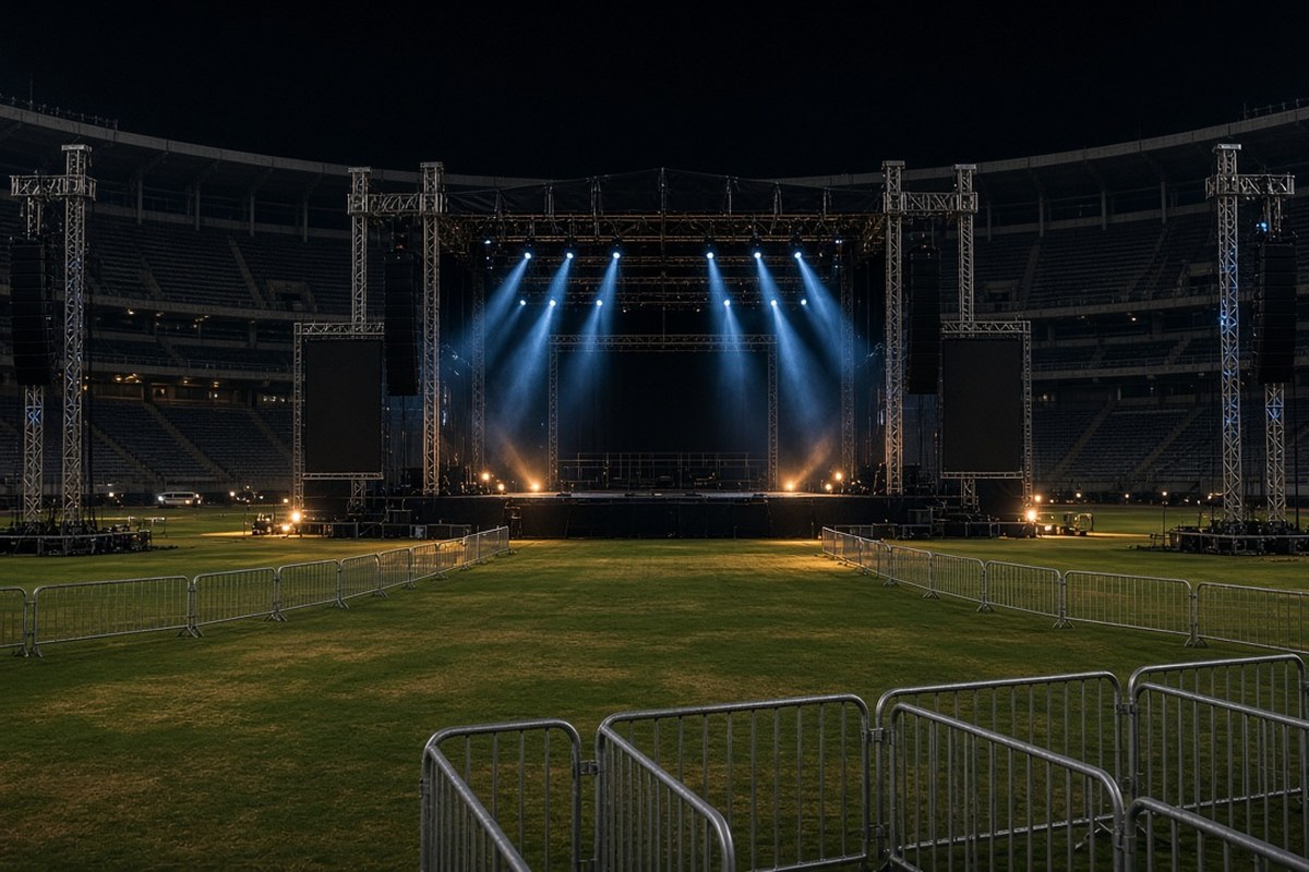 An empty concert stage with lighting towers and blue stage lights set up on the grass of a large stadium at night, with crowd barriers in the foreground, in an AI-generated representative scene.