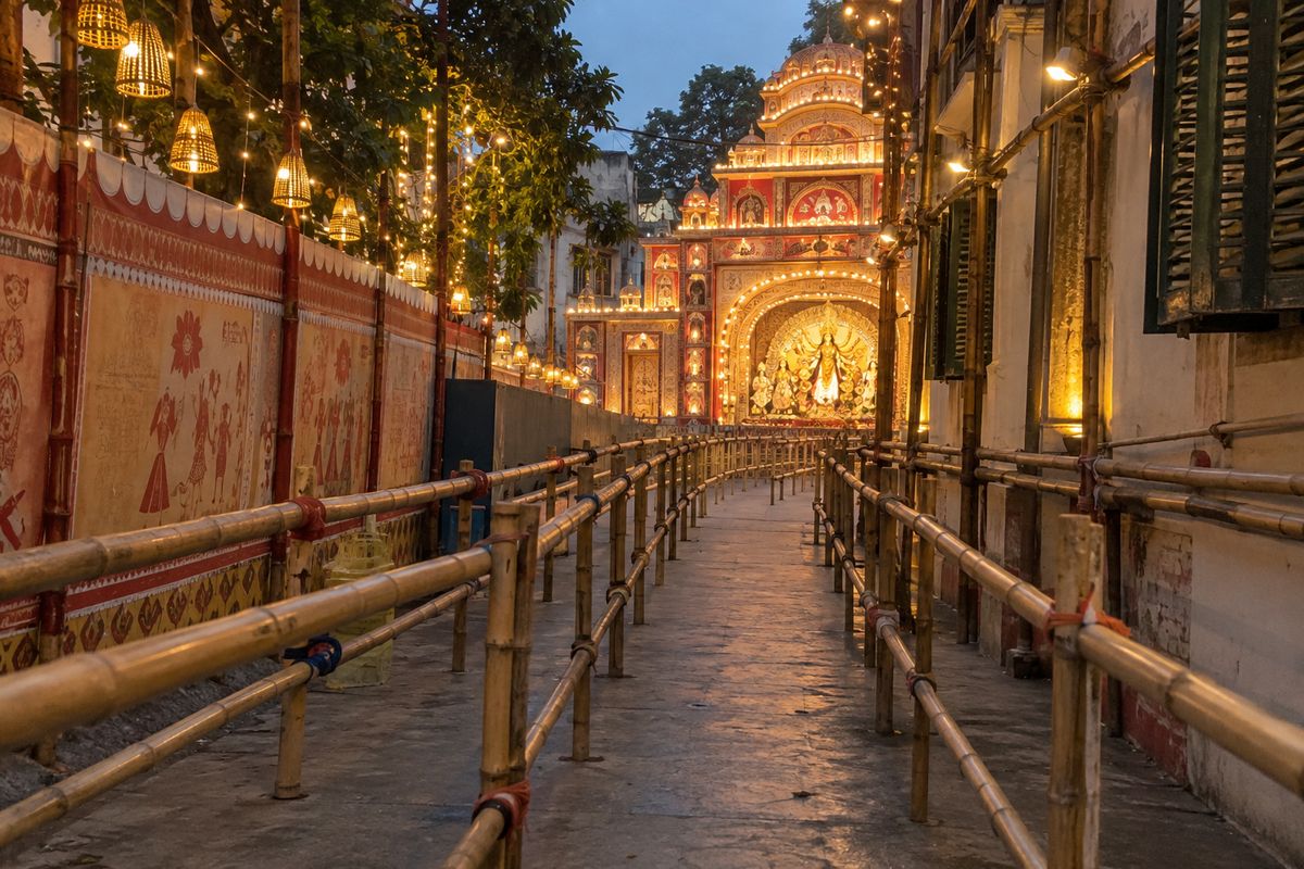 AI-generated representational image of a narrow lane and queue rails at a generic Puja pandal; not the Chorbagan venue or incident.